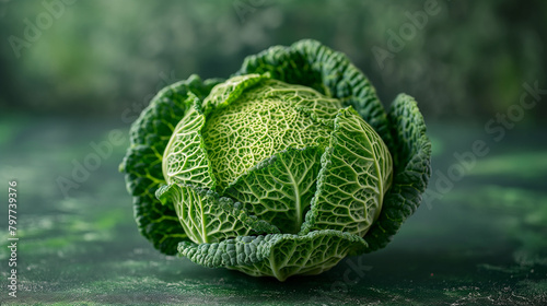 Savoy cabbage on a green background. Cabbage close up.