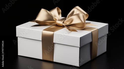 Elegant White Gift Box with Glossy Golden Ribbon on a Black Background