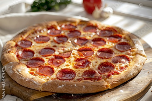 Hot Pepperoni Pizza Delight: Traditional Italian Cheesy Goodness on Wooden Board