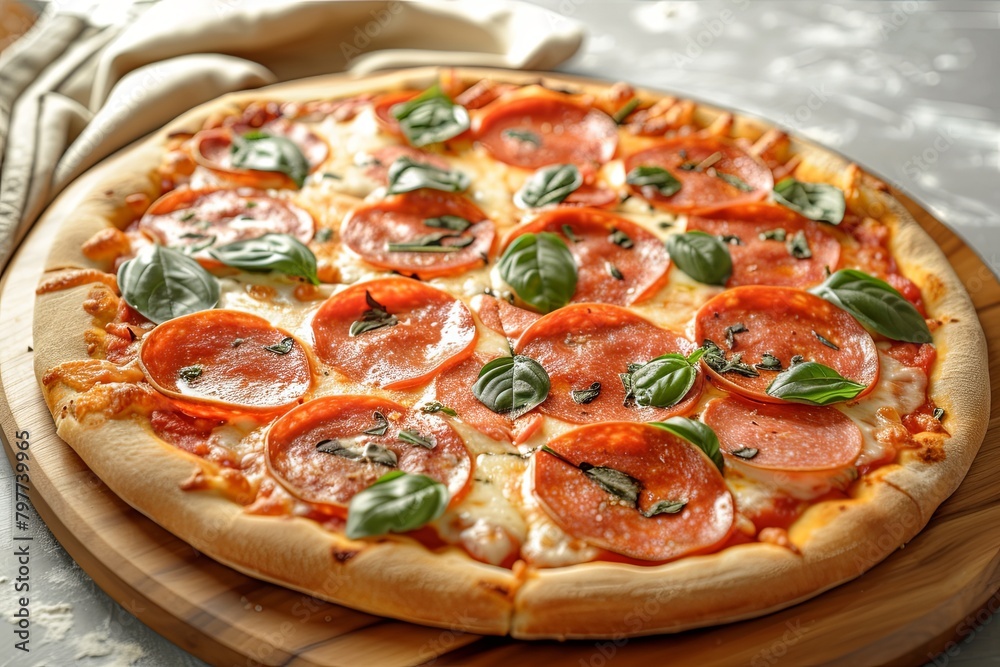 Freshly Baked Pepperoni Pizza with Tomato and Basil on Wooden Board