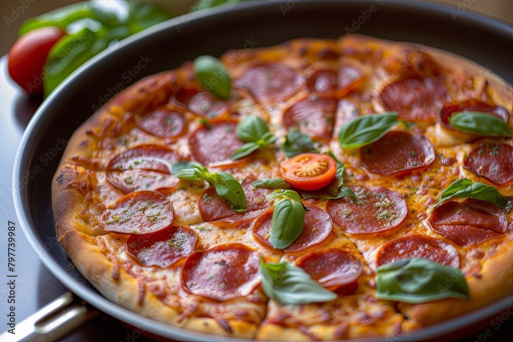 Pepperoni Pizza: Freshly Baked with Tomato, Basil Toppings - Cheesy Pan Sizzling Hot Veggie Delight Pepperoni Pizza: Freshly Baked with Tomato, Basil Toppings - Cheesy Pan Sizzling Hot Veggie Delight