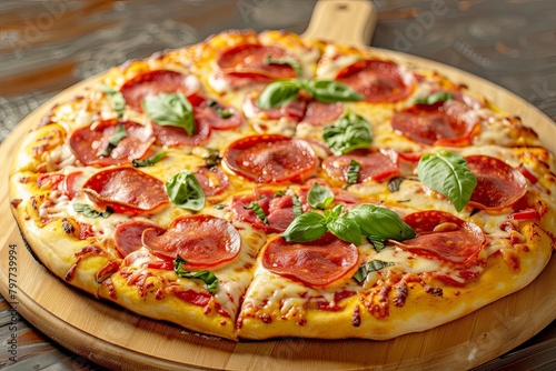 Pepperoni Pizza with Tomato and Basil Topping on Wooden Board - Delicious Pepperoni and Cheese Delight