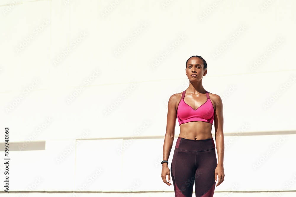 Fototapeta premium Woman, fitness and outdoor in sportswear for gym, training and workout for summer goals. Female person, athlete or runner with mockup space for rest, break or cool down after physical activity