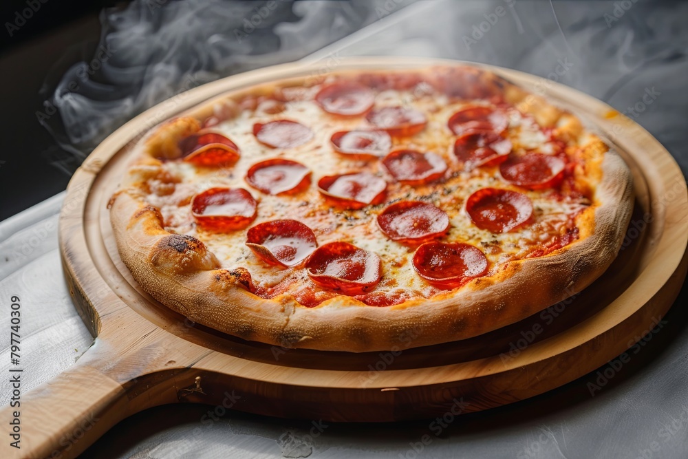 Sizzling Pepperoni Pizza: Authentic Italian Delight on Wooden Board