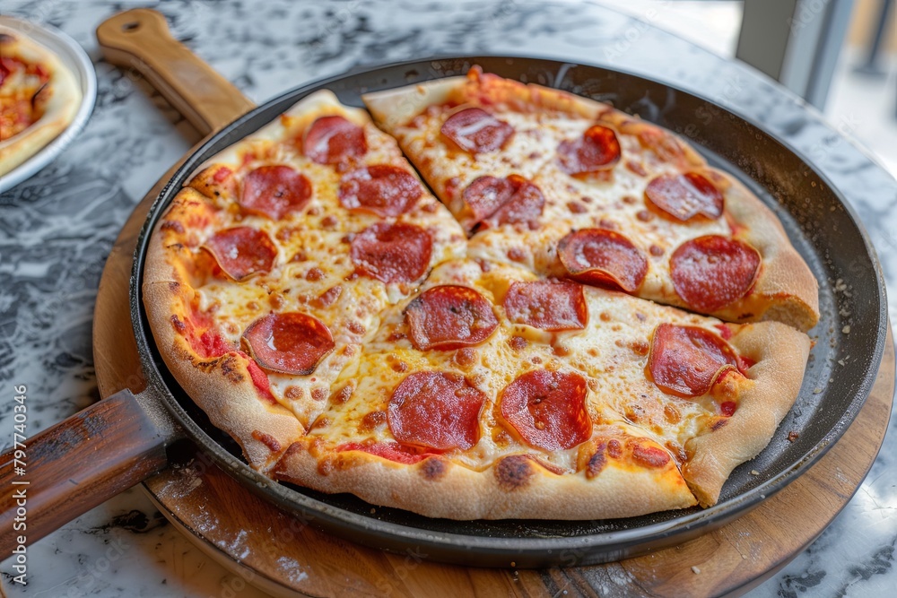 Pepperoni Pizza Delight: Freshly Baked Sizzling Pan Snack with Stretchy Cheese on Wooden Board