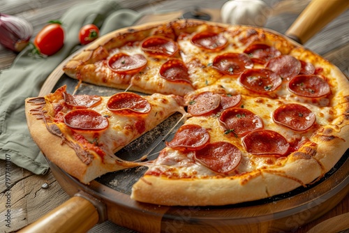 Pepperoni Pizza Delight: Gooey Slices on Wooden Board Bursting with Fresh Ingredients