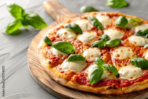 Freshly Baked Pizza Feast: Traditional Meal with Hot Mozzarella, Fresh Basil on Wooden Board