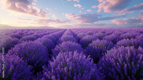 High angle view of a blooming lavender field, calming, natural palette