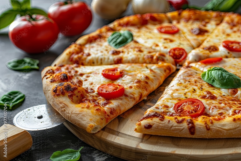 Freshly Baked Cheesy Pizza Experience: Hot Wooden Slicer Slice Traditional, and Fresh Ingredients with Vegetables
