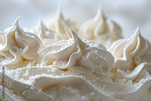Close-up of creamy whipped cream peaks, slightly glistening with moisture, against a soft, blurred background.
