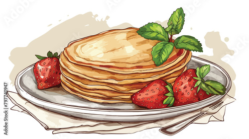Plate of thin pancakes with strawberries and mint lea
