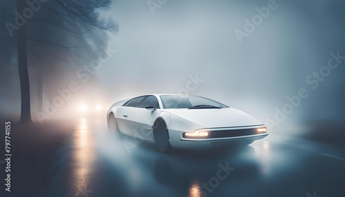 white modern car on a foggy day © Seksan