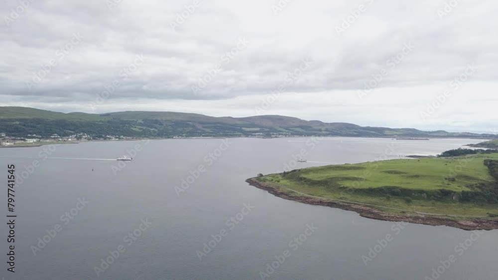 Aerial Push In Two Ferrys In Ocean Islands Surrounding. Aerial Push In Two Ferrys In Ocean Islands Surrounding.