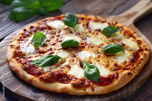 Freshly Baked Traditional Italian Pizza on Wooden Board with Fresh Basil