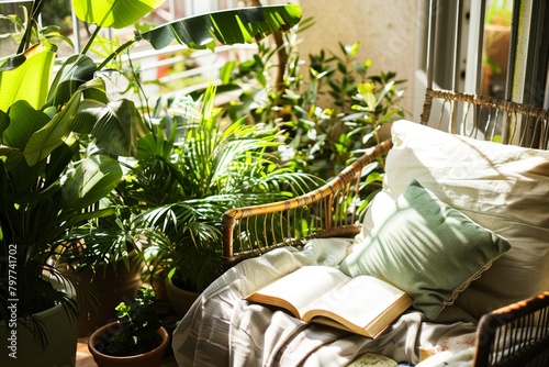 table and chairs in the garden with book 