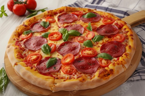 Pepperoni Pizza with Tomato and Basil Topping - Hot, Freshly Baked Snack on Cheesy Base