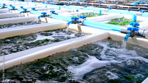 Aerated fibreglass abalone tanks with inflowing sea water on abalone farm photo