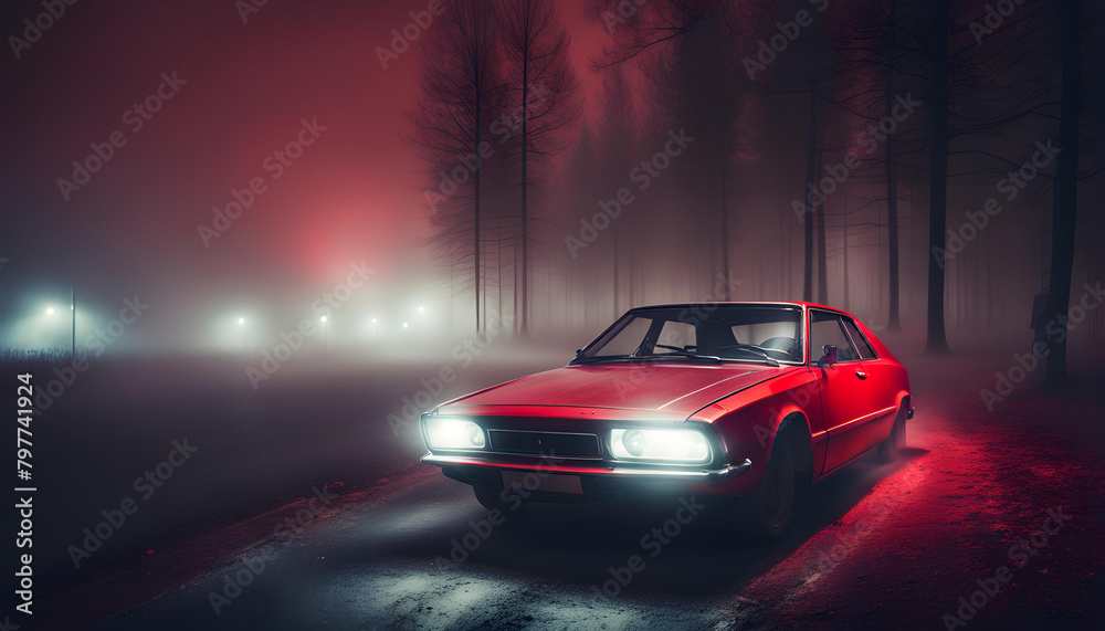 red car on the night road