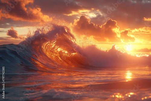 Against the background of the raging sea and high dark blue waves, at sunset, the sun's glare is spectacularly reflected, creating an impressive picture of nature and the power of the elements photo