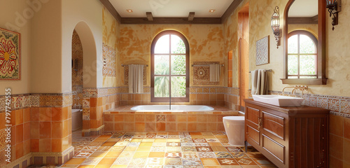 A Mediterranean-inspired washroom with terra cotta tile floors and mosaic accents.