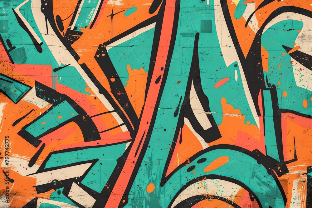 Naklejka premium Vibrant 90s Retro Hip-Hop Mixtape Cover: Funky Abstract Graffiti Background with Bold Orange and Teal Elements