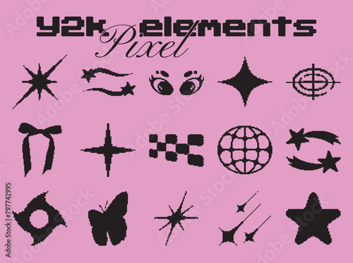 Pixel Y2K stickers. Trendy abstract shapes, universal objects for design, projects, posters, banners and business cards. Elements collection