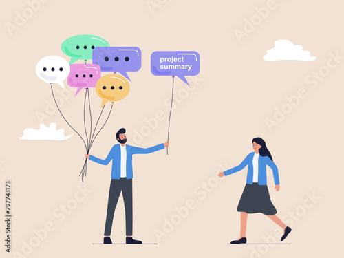 businessman holding a bunch of chat bubble balloons and offering a balloon summary.
