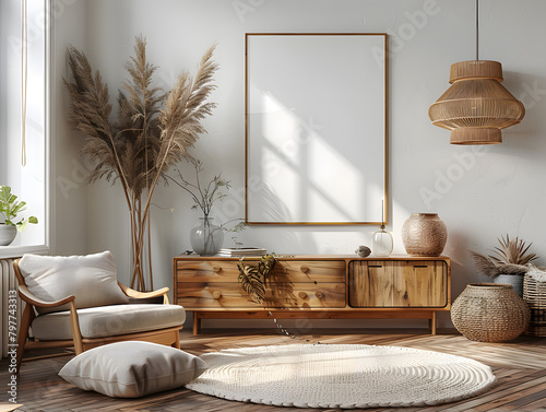Mid-Century Elegance: Serene Living Room with Vertical Frame Mockup photo