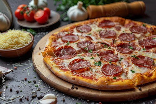 Pepperoni Perfection: Freshly Baked Cheesy Pizza Experience on a Wooden Board