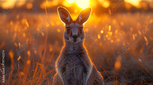 Wildlife photo of a kangaroo, sunset, golden hour, close-up