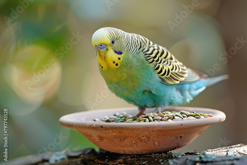A curious budgie perched on the edge of a dish, chirping happily while pecking at seeds. photo
