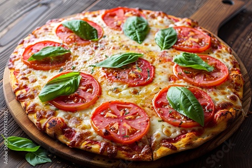 Freshly Baked Margarita Pizza with Basil on Rustic Wooden Board