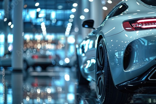 New premium car in a dealer showroom close-up. Buying a car.