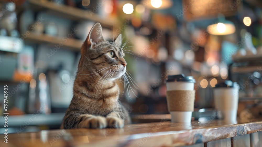 A curious tabby cat with bright eyes sits on a cafe A curious tabby cat with bright eyes sits on a cafe