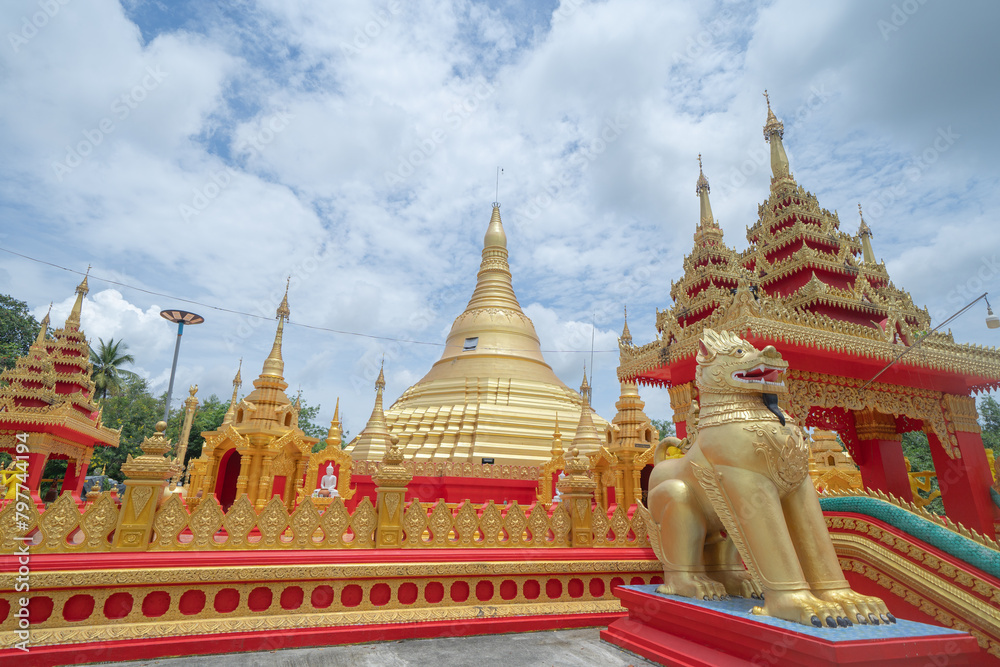 Fototapeta premium The Isan pagoda is a buddhist temple near Bangkok, an urban city town, Thailand. Thai architecture landscape background. Tourist attraction landmark.