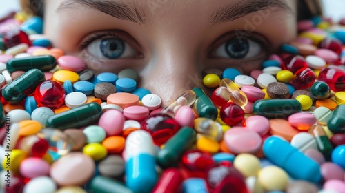 Woman drowning in a flood of pills, showing the harmful and destructive nature of drugs.