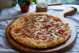 Baked Bella's Sizzling Pepperoni Pizza: Hot and Fresh Cheesy Delight on Wooden Presentation