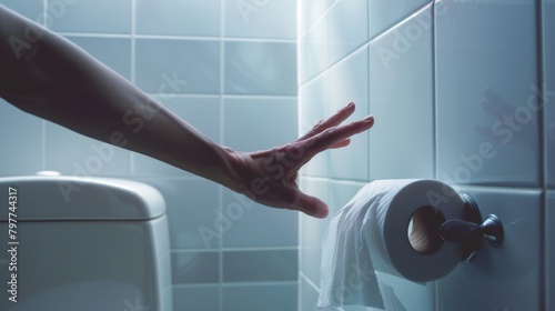 Hand urgently reaching for toilet paper in the restroom. The concept of diarrhea and other digestive problems. photo