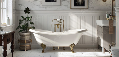 A vintage-inspired washroom with clawfoot tub and brass fixtures.