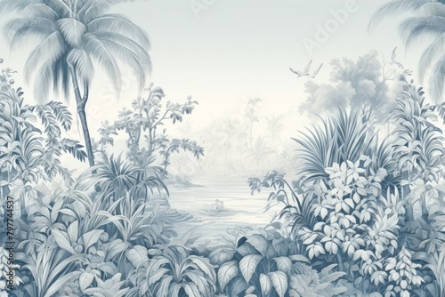 Fototapeta Naklejka Na Ścianę i Meble -  Tropical landscape outdoors drawing.