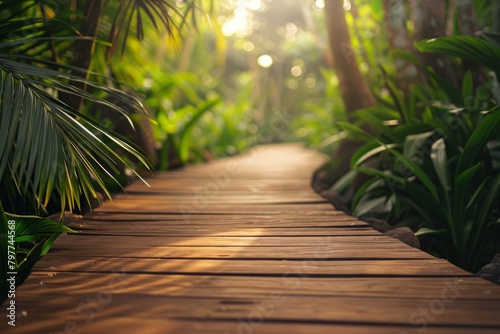 Wooden walkway winding through a tropical forest with dense  lush foliage.