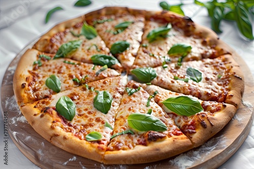 Freshly Baked Traditional Pizza Meal with Fresh Basil on Rustic Board