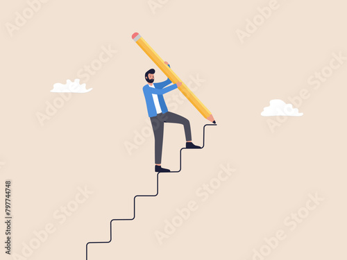 Businessman Building Success Stairs with Giant Pencil in Hand