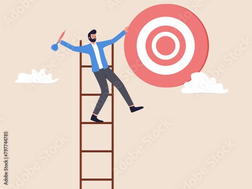 the businessman at the top of the ladder wants to put an arrow in the target