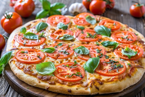 Freshly Baked Pizza with Fresh Tomatoes and Basil in Rustic Dinner Setting