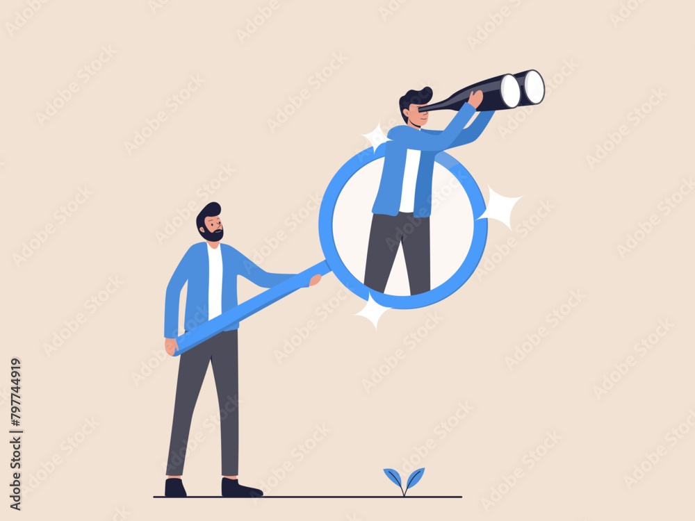 Man Holding Magnifying Glass with Reflection of Another Man Observing Through Binoculars Man Holding Magnifying Glass with Reflection of Another Man Observing Through Binoculars