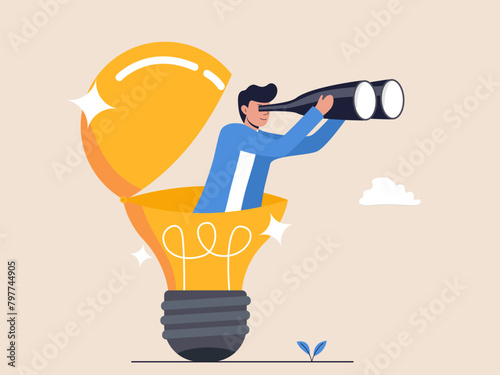 Businessman Using Binoculars Inside an Open Light Bulb