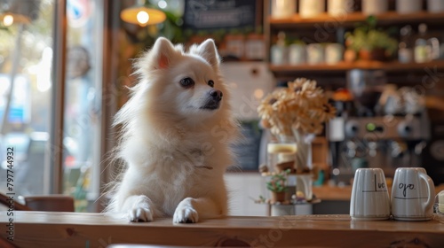Fluffy Pomeranian Dog at a Cozy Cafe Counter 