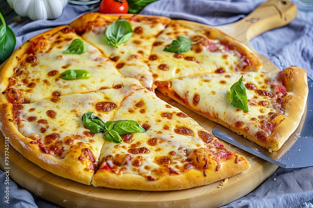 Freshly Baked Italian Traditional Dinner Pizza with Hot Cheesy Composition and Fresh Ingredients on Wooden Slicer Freshly Baked Italian Traditional Dinner Pizza with Hot Cheesy Composition and Fresh Ingredients on Wooden Slicer