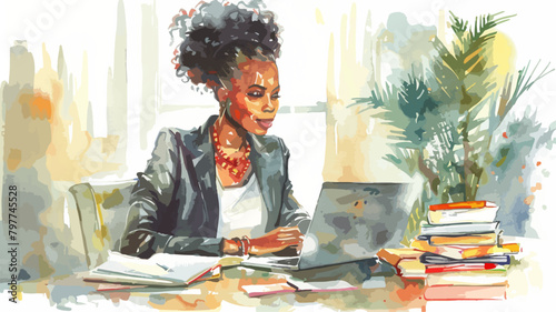 Frau Afro Afrikanerin Home Office Business Arbeiten Laptop Unternehmerin Analyse Job Computer photo